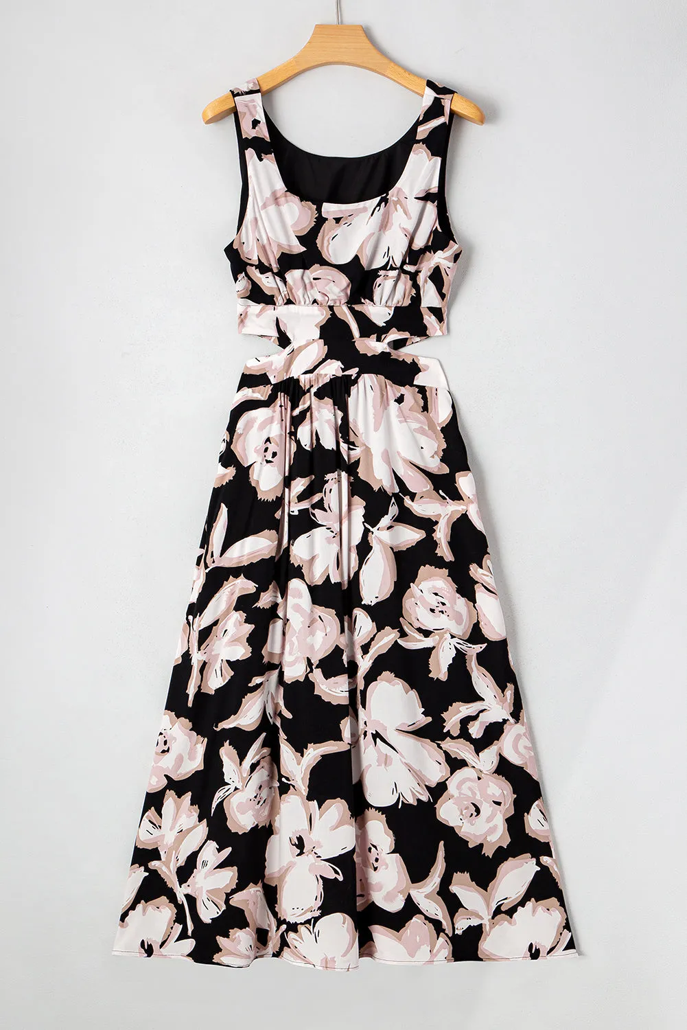 Black Floral Cutout Square Neck Knot Back Sleeveless Maxi Dress