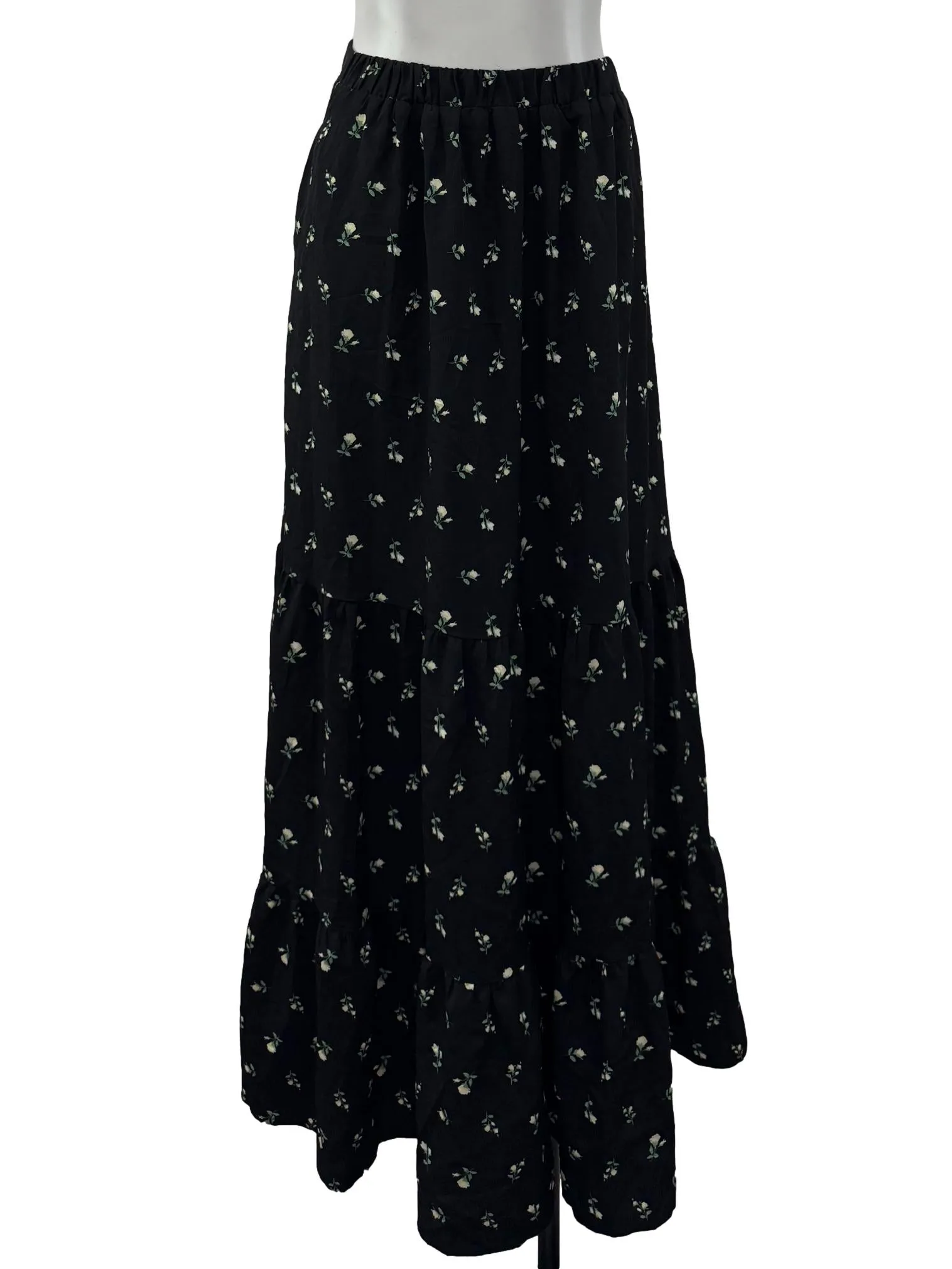 Black Floral Print Tiered Maxi Skirt