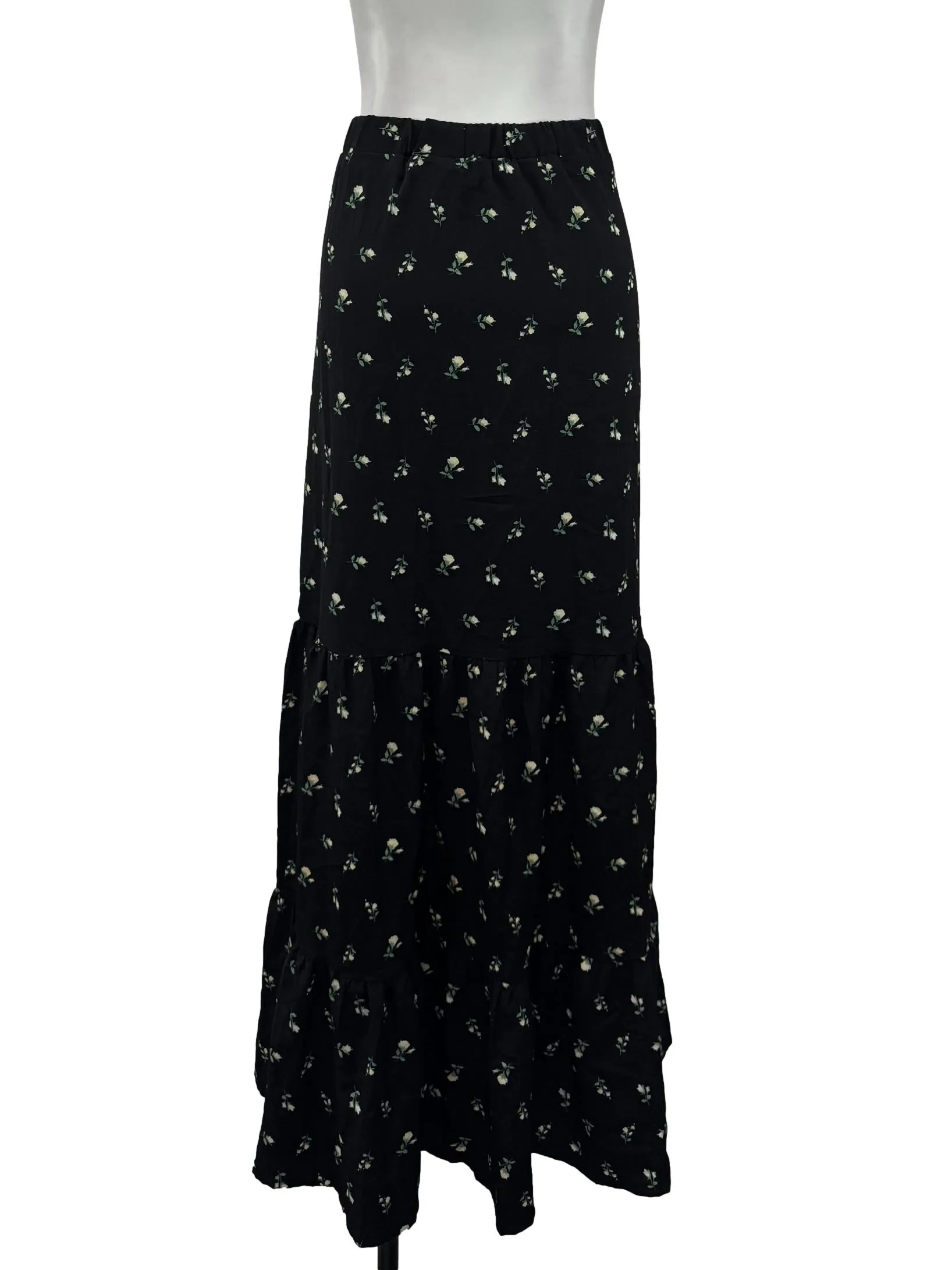 Black Floral Print Tiered Maxi Skirt