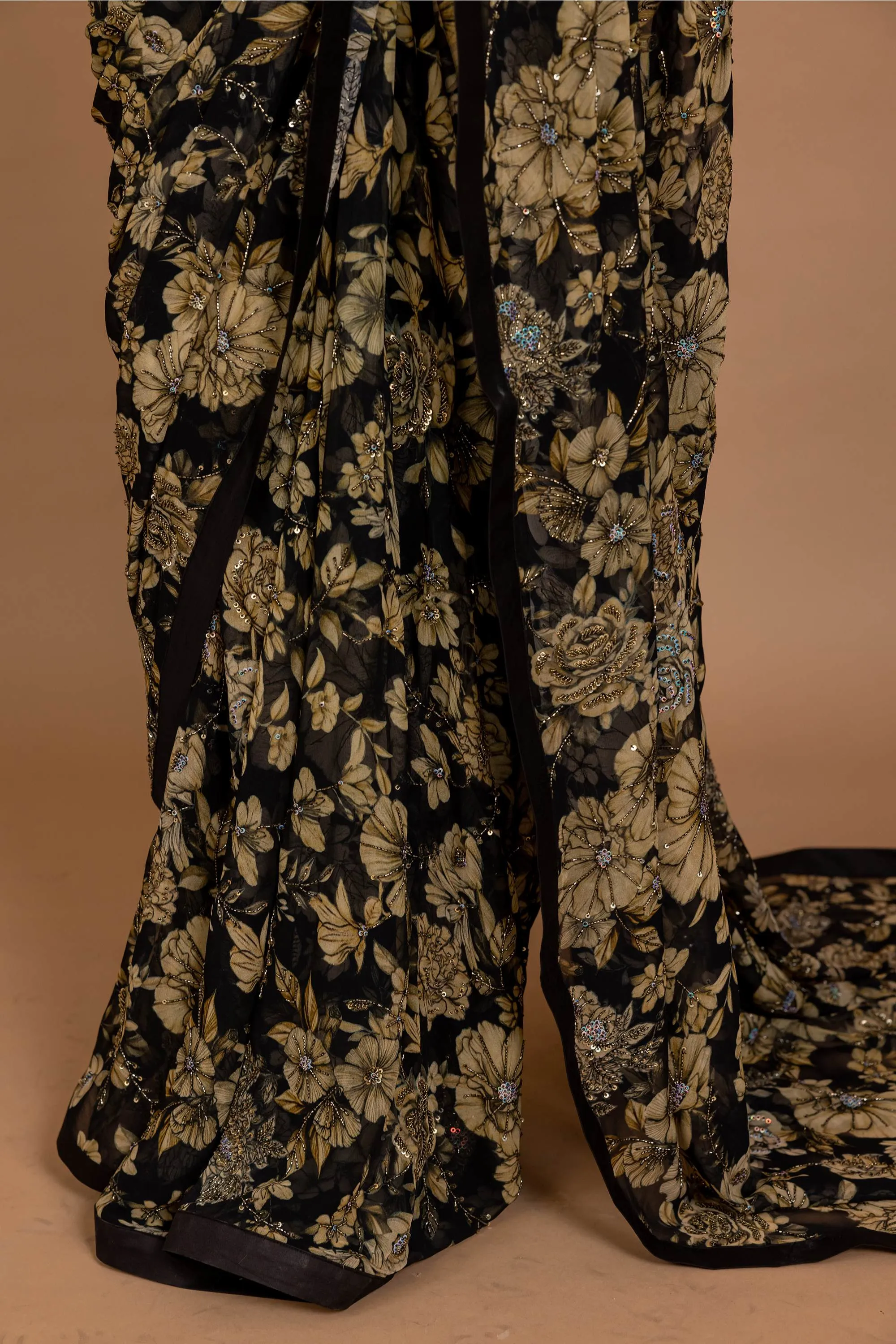 Black floral printed sari set