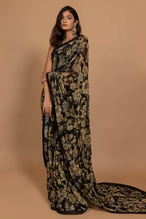 Black floral printed sari set