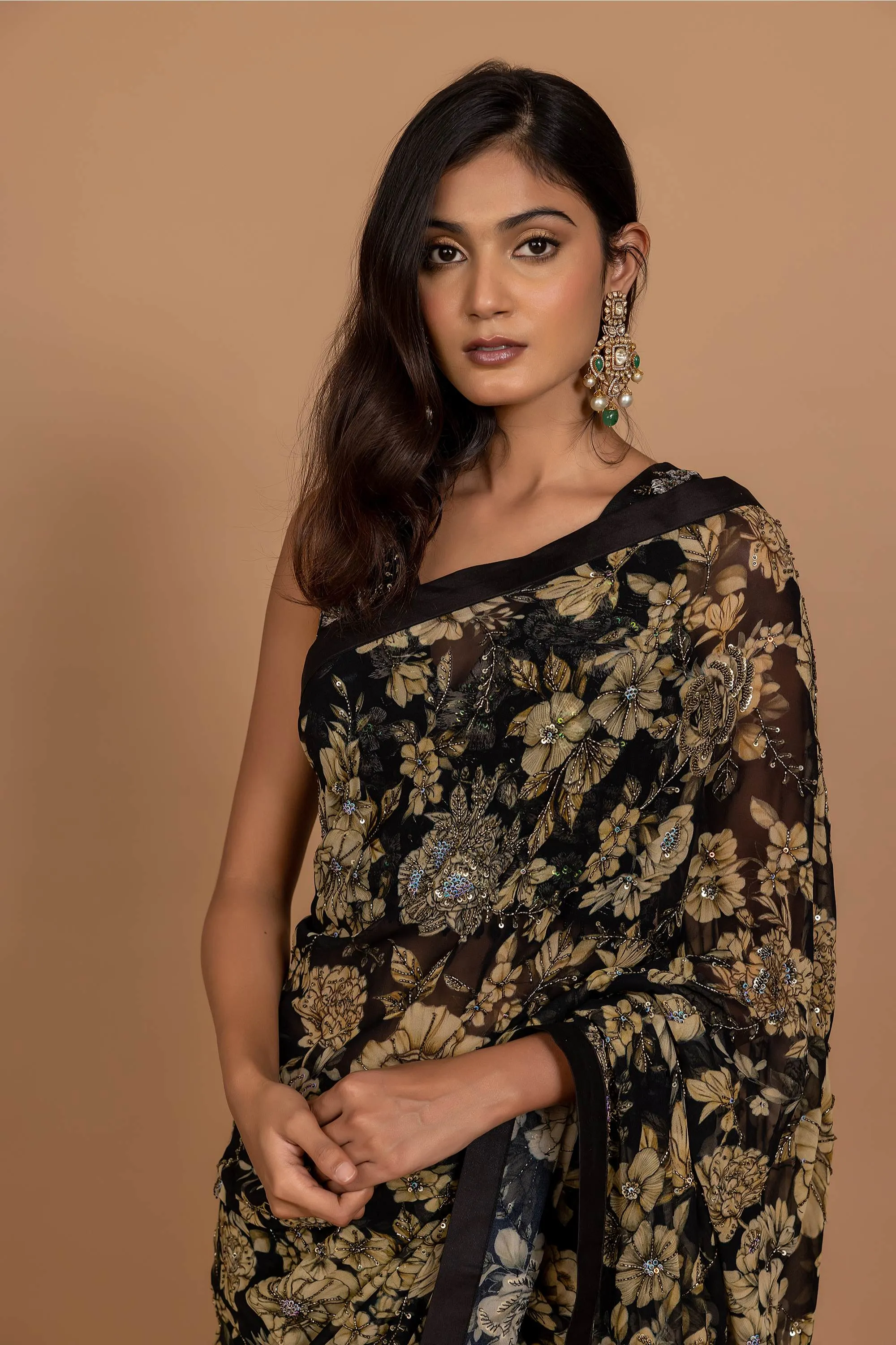 Black floral printed sari set