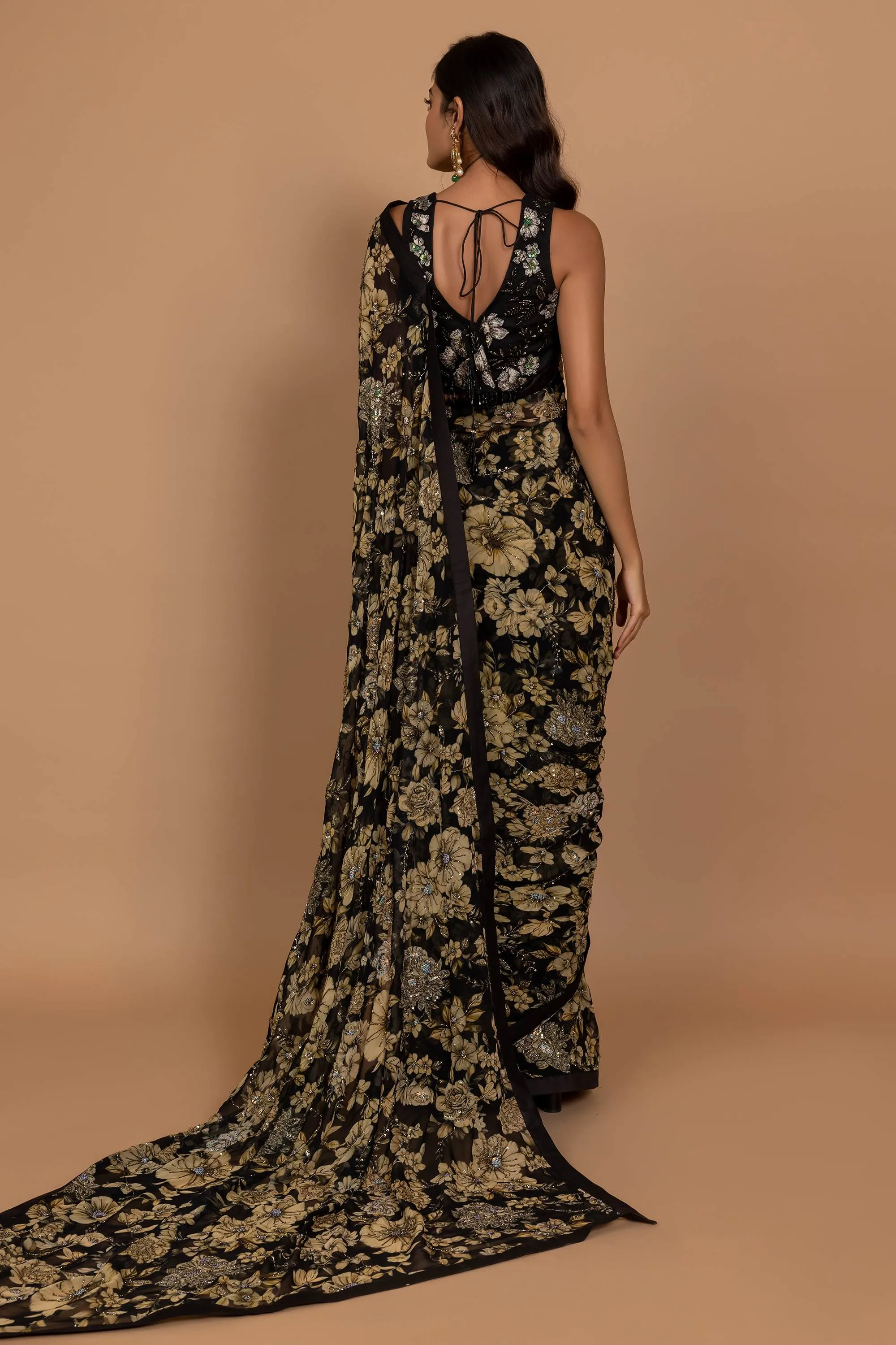 Black floral printed sari set