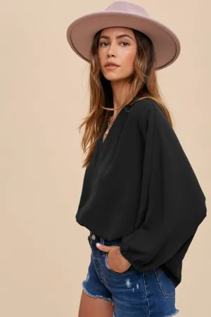 Black Notched Batwing Sleeve Blouse