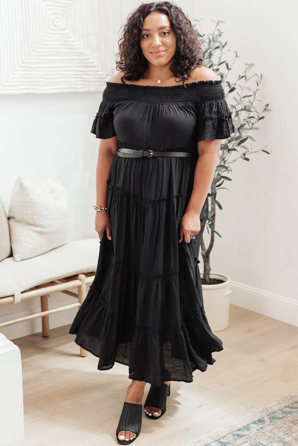 Black Plus Size Smocked Off Shoulder Frill Tiered Maxi Dress