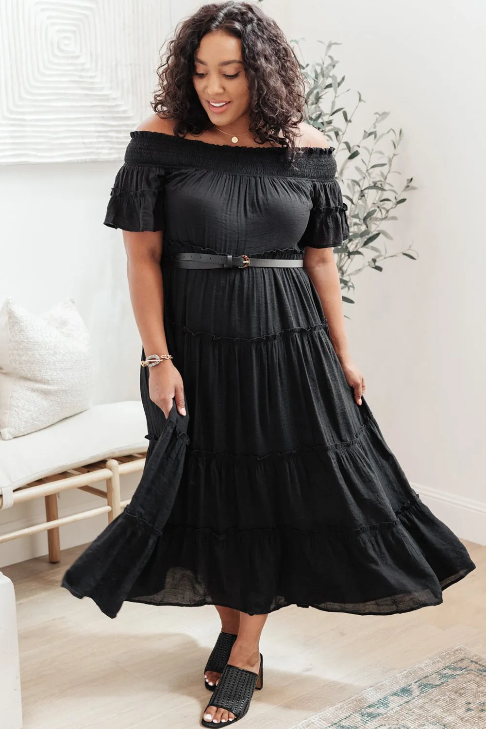 Black Plus Size Smocked Off Shoulder Frill Tiered Maxi Dress