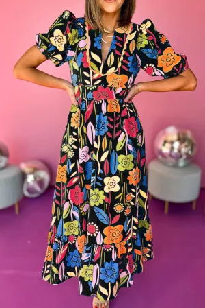 Black Retro Floral Printed Split Neck Maxi Dress