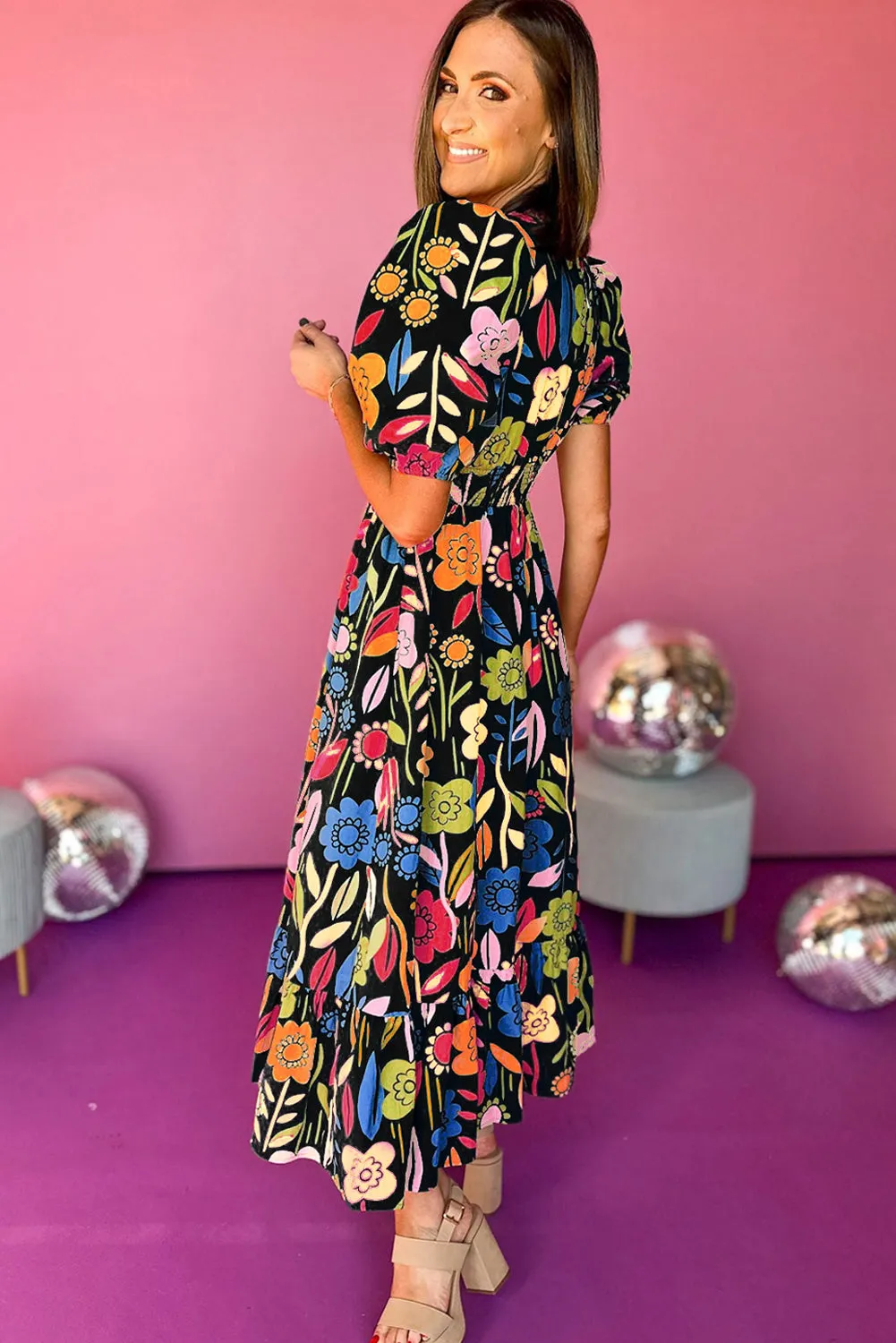 Black Retro Floral Printed Split Neck Maxi Dress