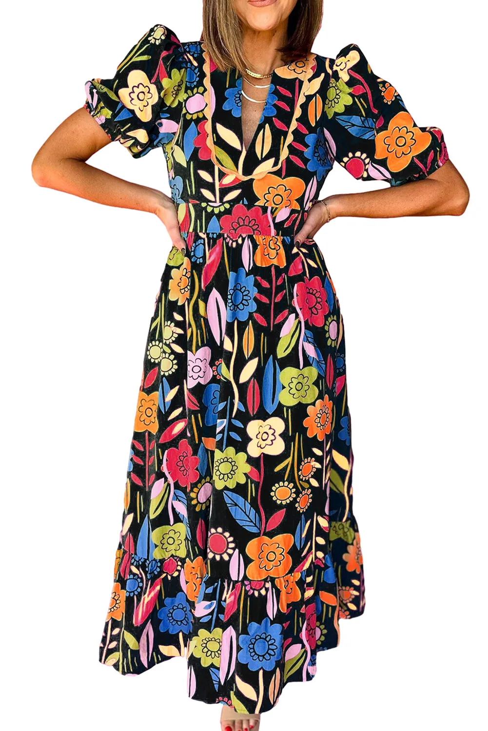 Black Retro Floral Printed Split Neck Maxi Dress