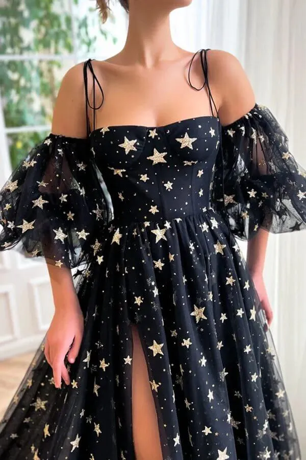 Black Tulle A-line Short Sleeves Spaghetti Straps Prom Dresses With Slit, MP747