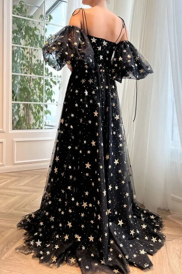 Black Tulle A-line Short Sleeves Spaghetti Straps Prom Dresses With Slit, MP747