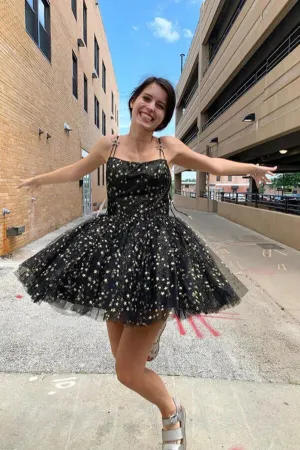 Black Tulle A-line Spaghetti Straps Short Homecoming Dresses With Stars, MH552