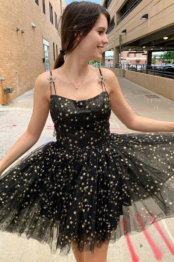 Black Tulle A-line Spaghetti Straps Short Homecoming Dresses With Stars, MH552