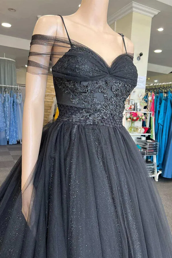 Black Tulle A-line Sweetheart Cold-Shoulder Prom Dresses, Evening Gown, MP760