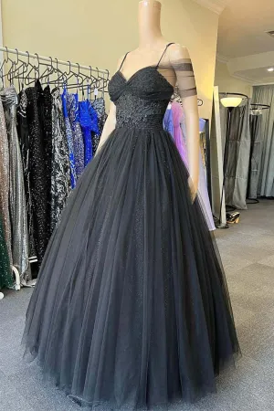 Black Tulle A-line Sweetheart Cold-Shoulder Prom Dresses, Evening Gown, MP760