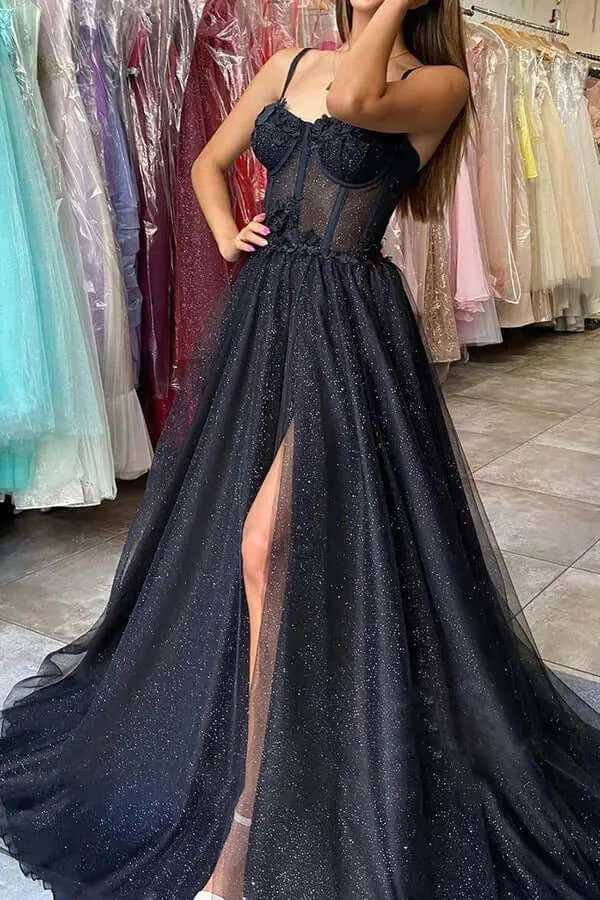 Black Tulle A-line Sweetheart Spaghetti Straps Prom Dresses With Side Slit, MP699