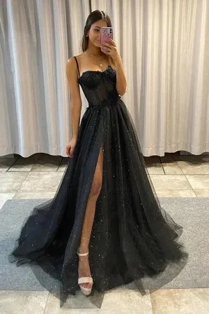 Black Tulle A-line Sweetheart Spaghetti Straps Prom Dresses With Side Slit, MP699