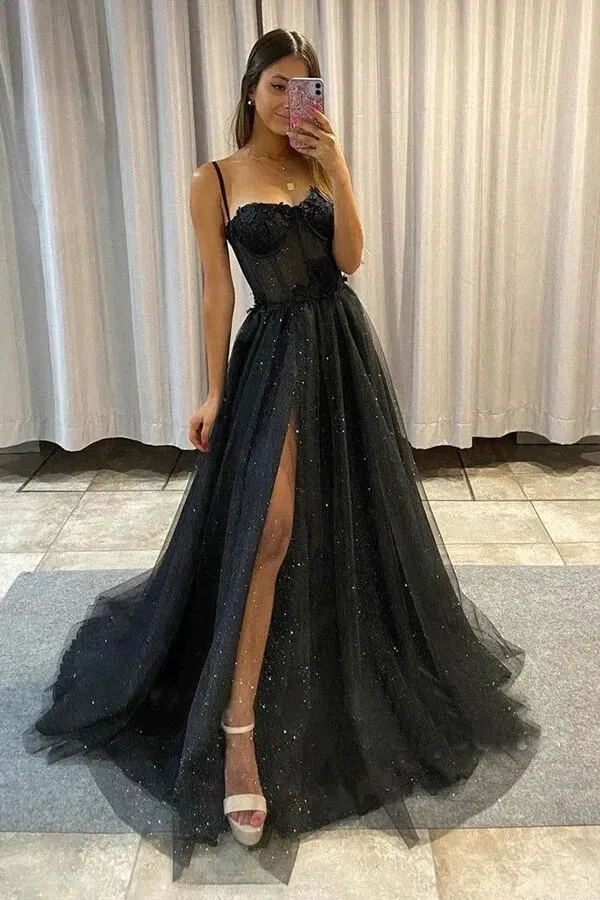 Black Tulle A-line Sweetheart Spaghetti Straps Prom Dresses With Side Slit, MP699