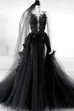 Black Tulle A-line V-neck Slit Long Prom Dresses With Lace Appliques, MP831