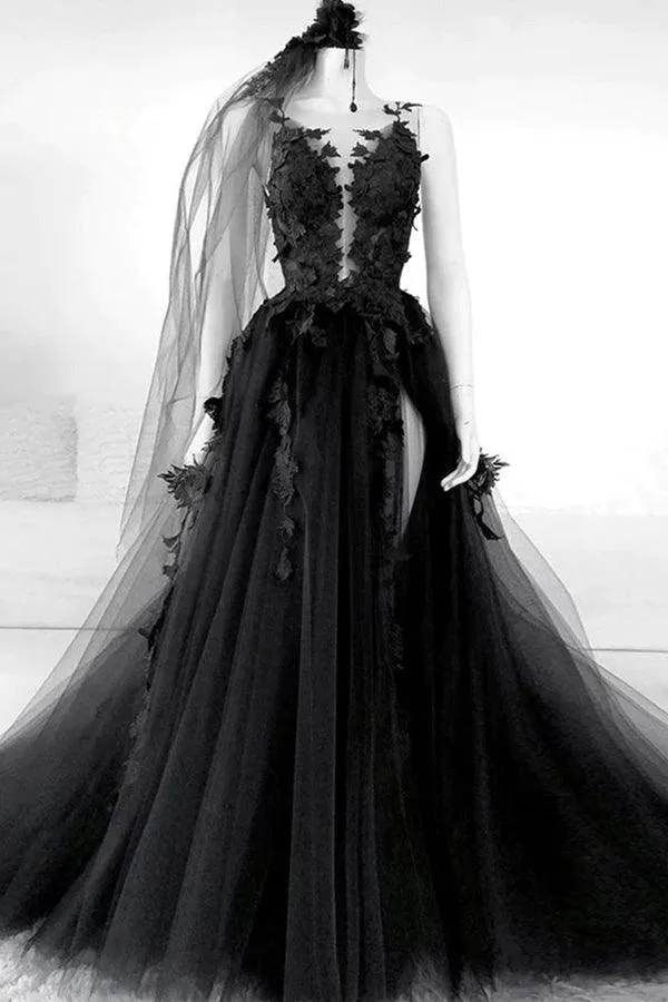 Black Tulle A-line V-neck Slit Long Prom Dresses With Lace Appliques, MP831