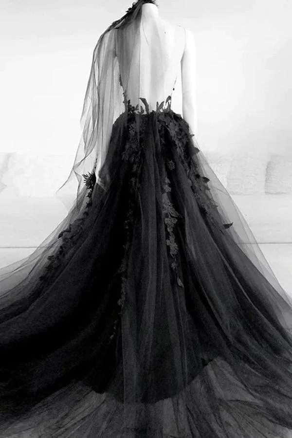 Black Tulle A-line V-neck Slit Long Prom Dresses With Lace Appliques, MP831