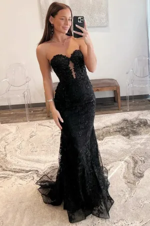Black Tulle Mermaid Lace Appliques Sweetheart Keyhole Long Prom Dresses, MP977