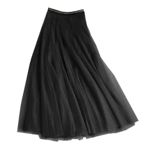 Black Tulle Midi Skirt with Gold Waistband