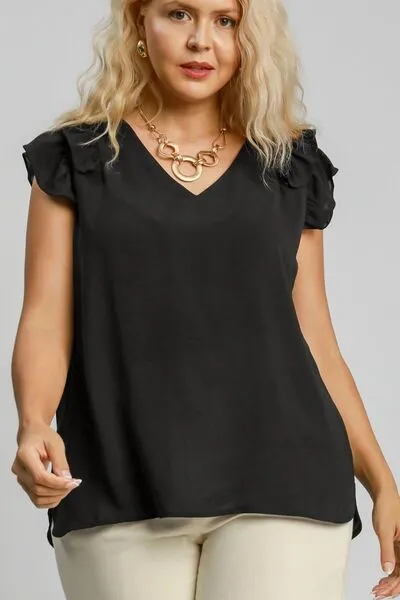 Black V-Neck Double Layered Ruffle Sleeve Blouse