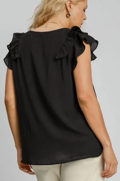 Black V-Neck Double Layered Ruffle Sleeve Blouse