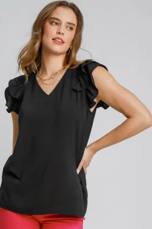 Black V-Neck Double Layered Ruffle Sleeve Blouse