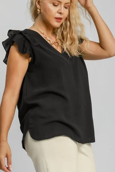 Black V-Neck Double Layered Ruffle Sleeve Blouse