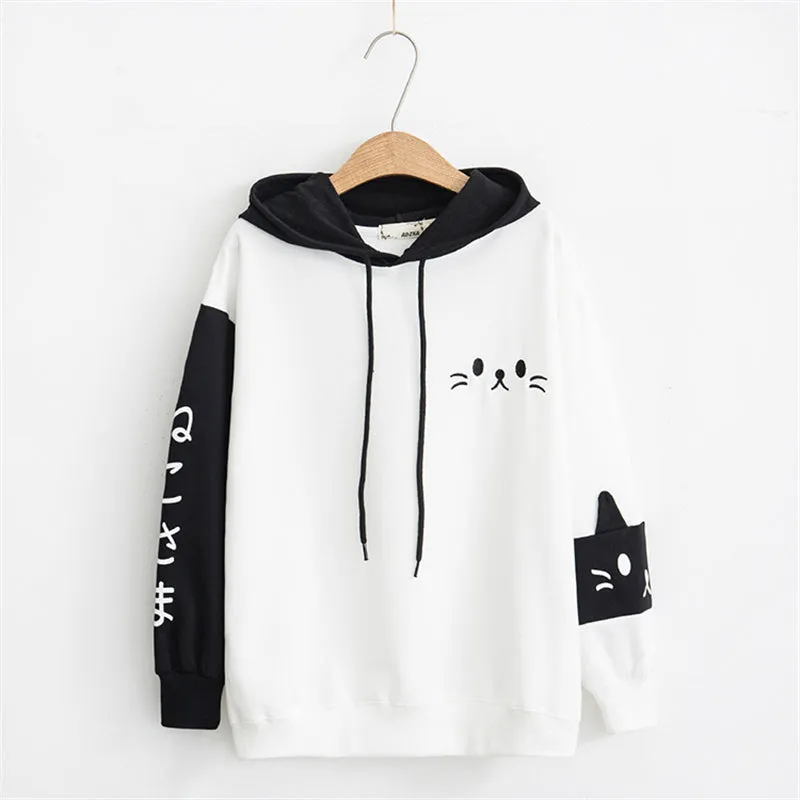 BLACK WHITE CARTOON CAT EMBROIDERY HOODIE UB2488