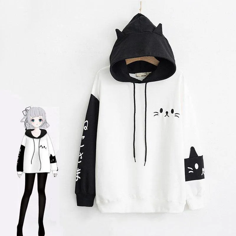 BLACK WHITE CARTOON CAT EMBROIDERY HOODIE UB2488