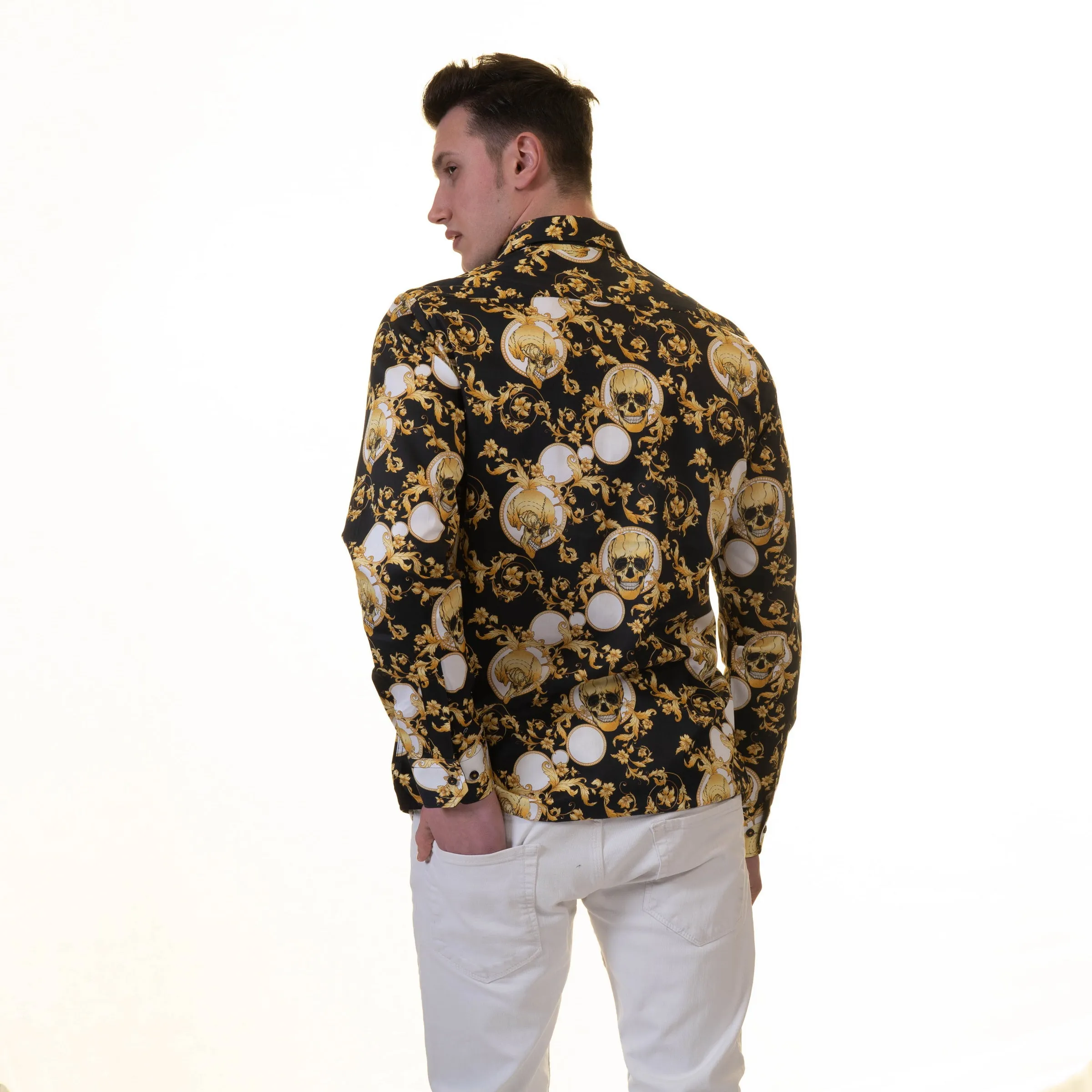 Black with Gold Skulls Mens Slim Fit Designer French Cuff Shirt - tailored Cotton Shirts for Work and Casual Wear