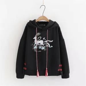 BLACK/WHITE FAWN PRINT FRINGE HOODIE UB2680
