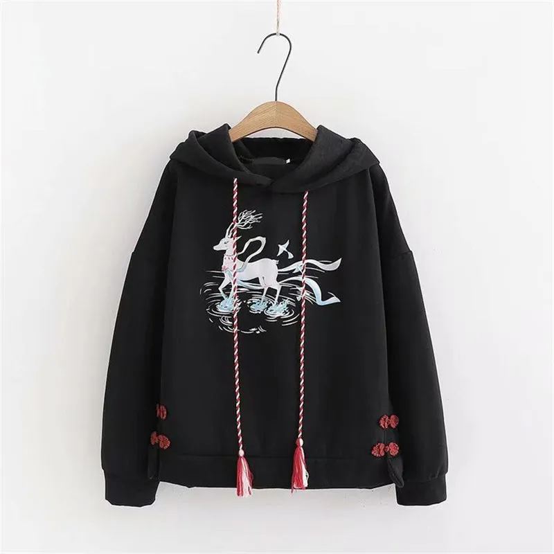 BLACK/WHITE FAWN PRINT FRINGE HOODIE UB2680