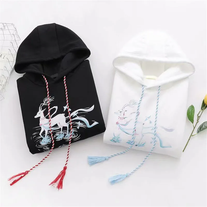 BLACK/WHITE FAWN PRINT FRINGE HOODIE UB2680