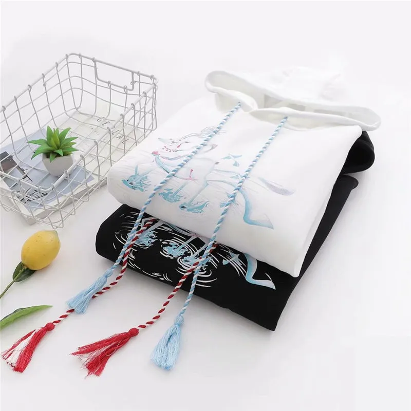 BLACK/WHITE FAWN PRINT FRINGE HOODIE UB2680