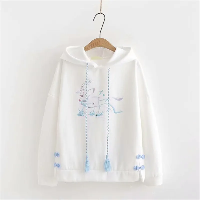 BLACK/WHITE FAWN PRINT FRINGE HOODIE UB2680