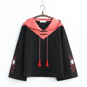 BLACK/WHITE FOX MASK EMBROIDERED FRINGE HOODIE UB2682