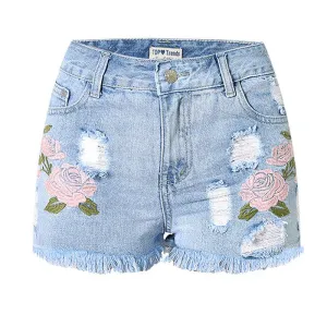 BloomEdge High-Rise Floral Embroidered Jean Shorts