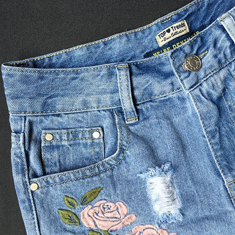 BloomEdge High-Rise Floral Embroidered Jean Shorts