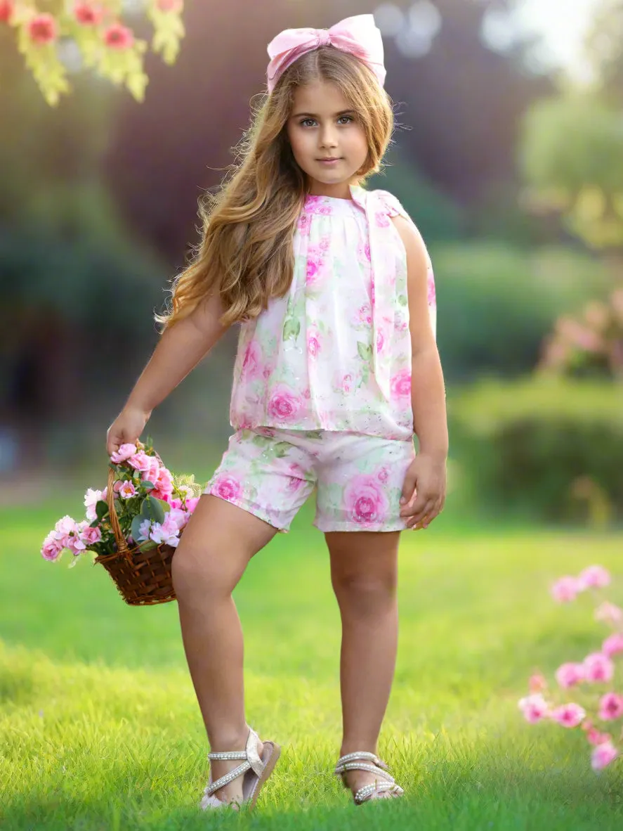 Blooming Blush Floral Chiffon Top and Short Set