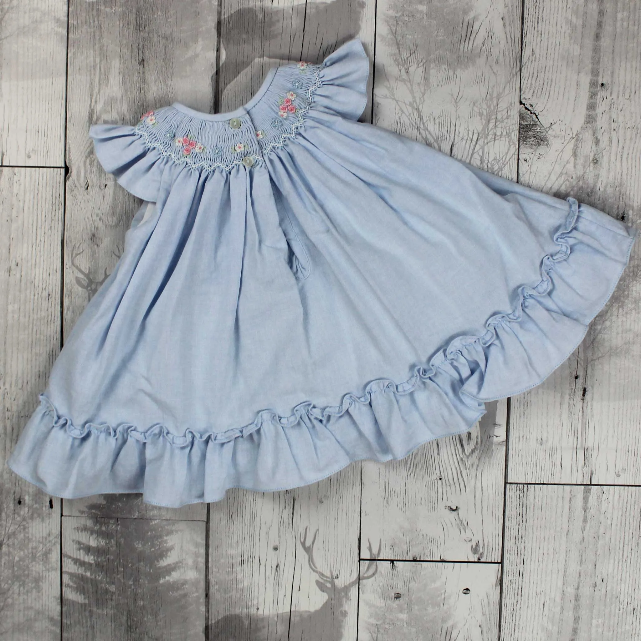 Blue Dress with hand smocking and embroidery- Dani by Sarah Louise D09514