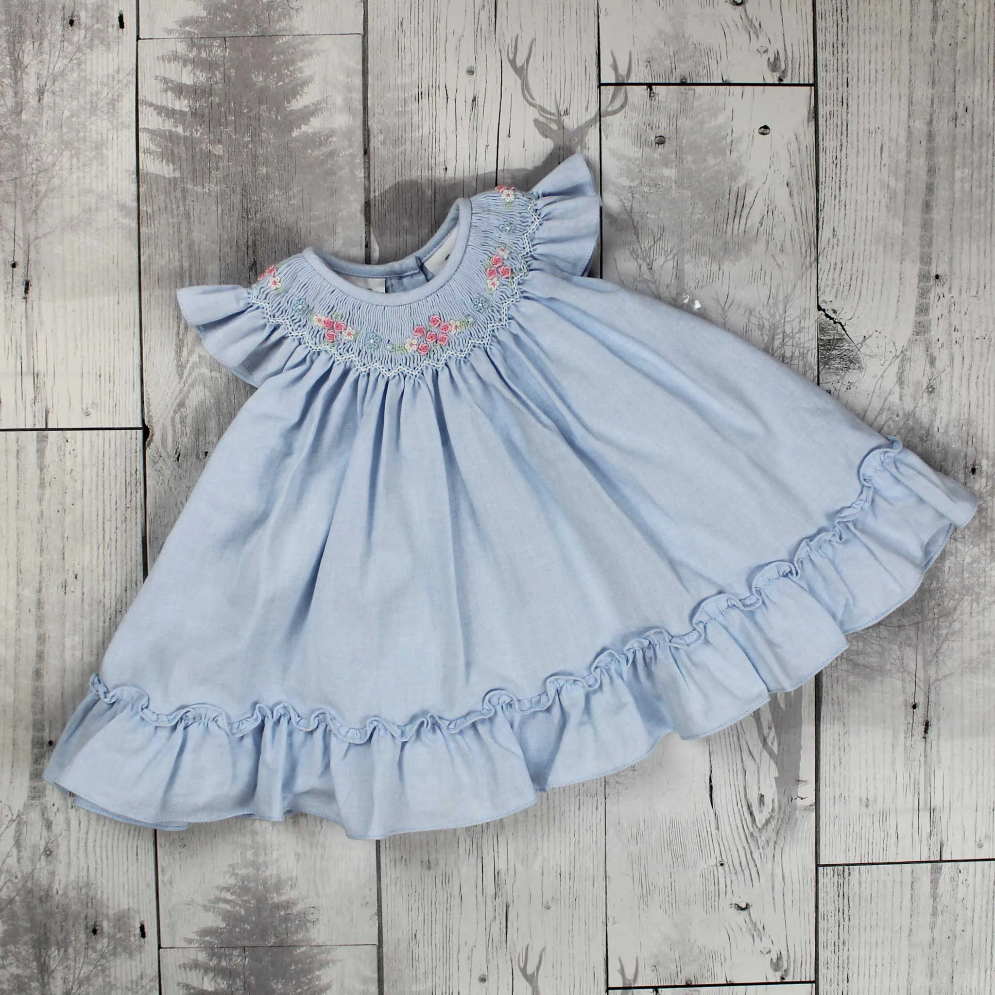 Blue Dress with hand smocking and embroidery- Dani by Sarah Louise D09514