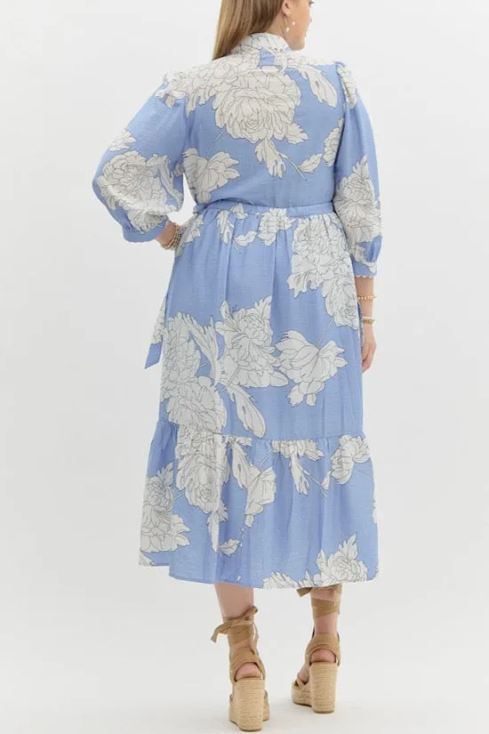Blue Floral Print Midi with Scalloped Trim Detail (E0)