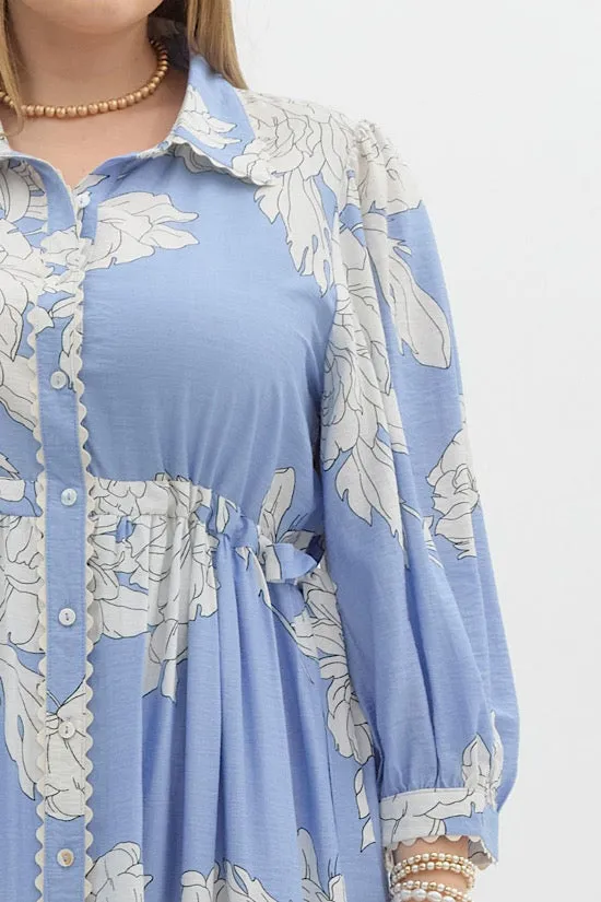 Blue Floral Print Midi with Scalloped Trim Detail (E0)