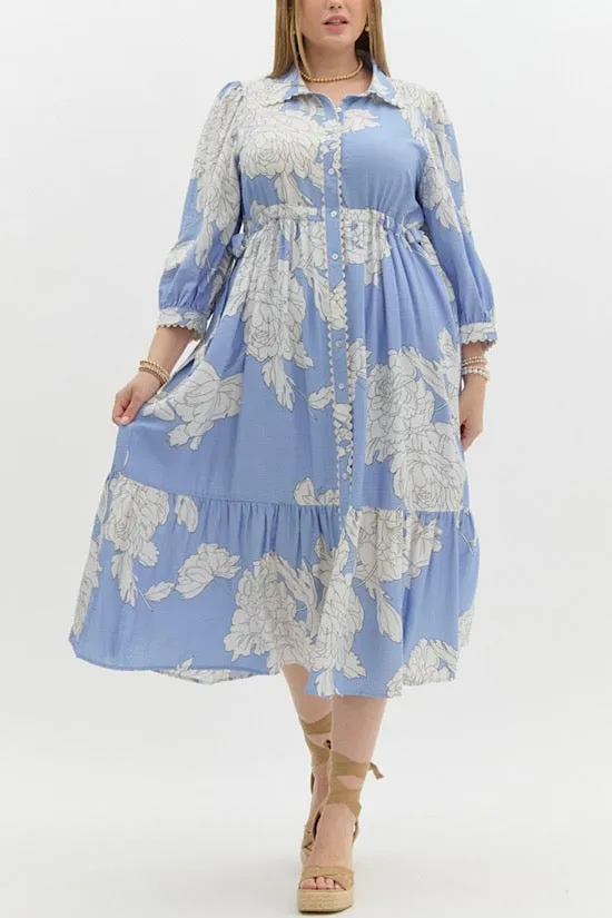 Blue Floral Print Midi with Scalloped Trim Detail (E0)