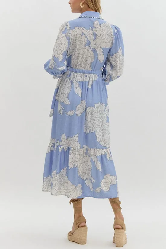 Blue Floral Print Midi with Scalloped Trim Detail (E0)