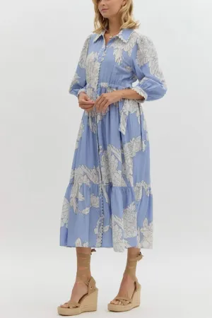 Blue Floral Print Midi with Scalloped Trim Detail (E0)